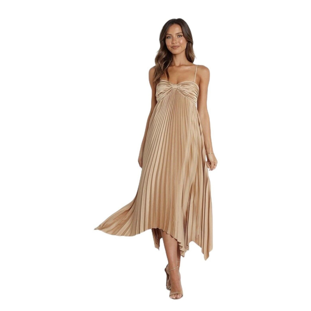 Petal And Pup Women’s Vikki Midi Dress Large Gold Pleated Sweetheart Neckline